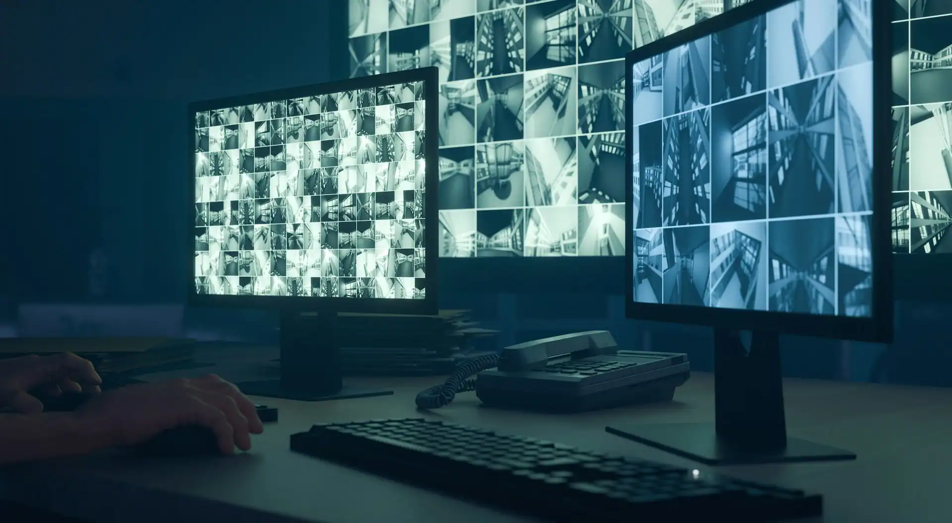 Ein abgedunkelter Kontrollraum mit mehreren Monitoren, die zahlreiche Video-Feeds von Überwachungskameras im Kachelformat zeigen, sowie Tastatur, Maus und Telefon auf einem Schreibtisch